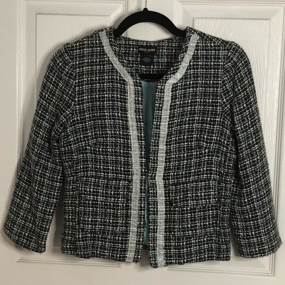 Guess Tiffany Blue Tweed Collarless Jacket - Picture 3 of 5